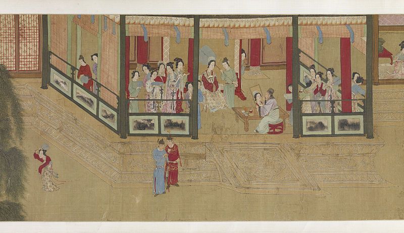 A long, horizontal painting depicting a scene within a traditional Chinese building, with women engaged in various activities.