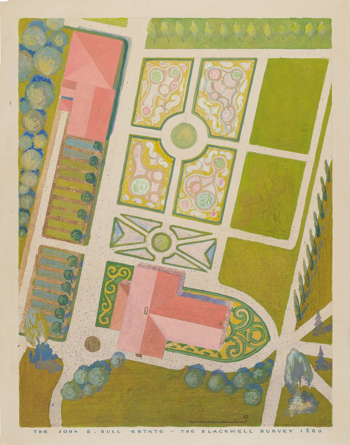 Vintage map of the John B. Bull Estate, dated 1860, showing a formal garden layout with a central mansion and surrounding lawns and trees.