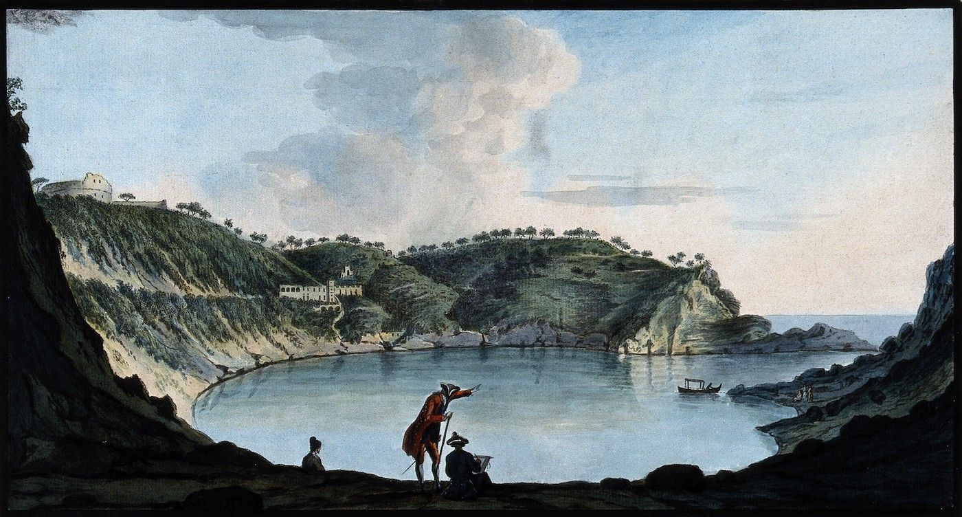 Watercolor painting of a bay with hills, buildings, and people in the foreground.