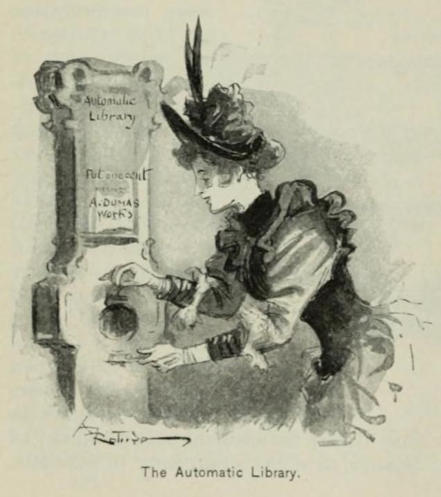 A black and white illustration of a woman using an 'Automatic Library' machine, a tall cabinet-like structure with books available for selection.