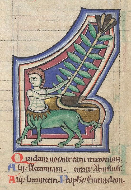 Medieval manuscript illumination of a green centaur archer with a leafy branch above.