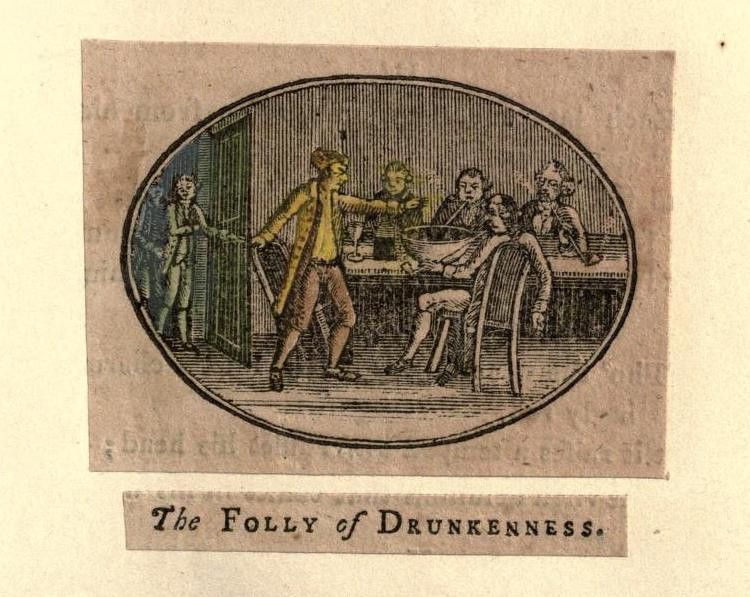 Vintage illustration titled 'The Folly of Drunkenness' depicting a scene of men in a tavern, one being restrained while another attempts to calm the situation.