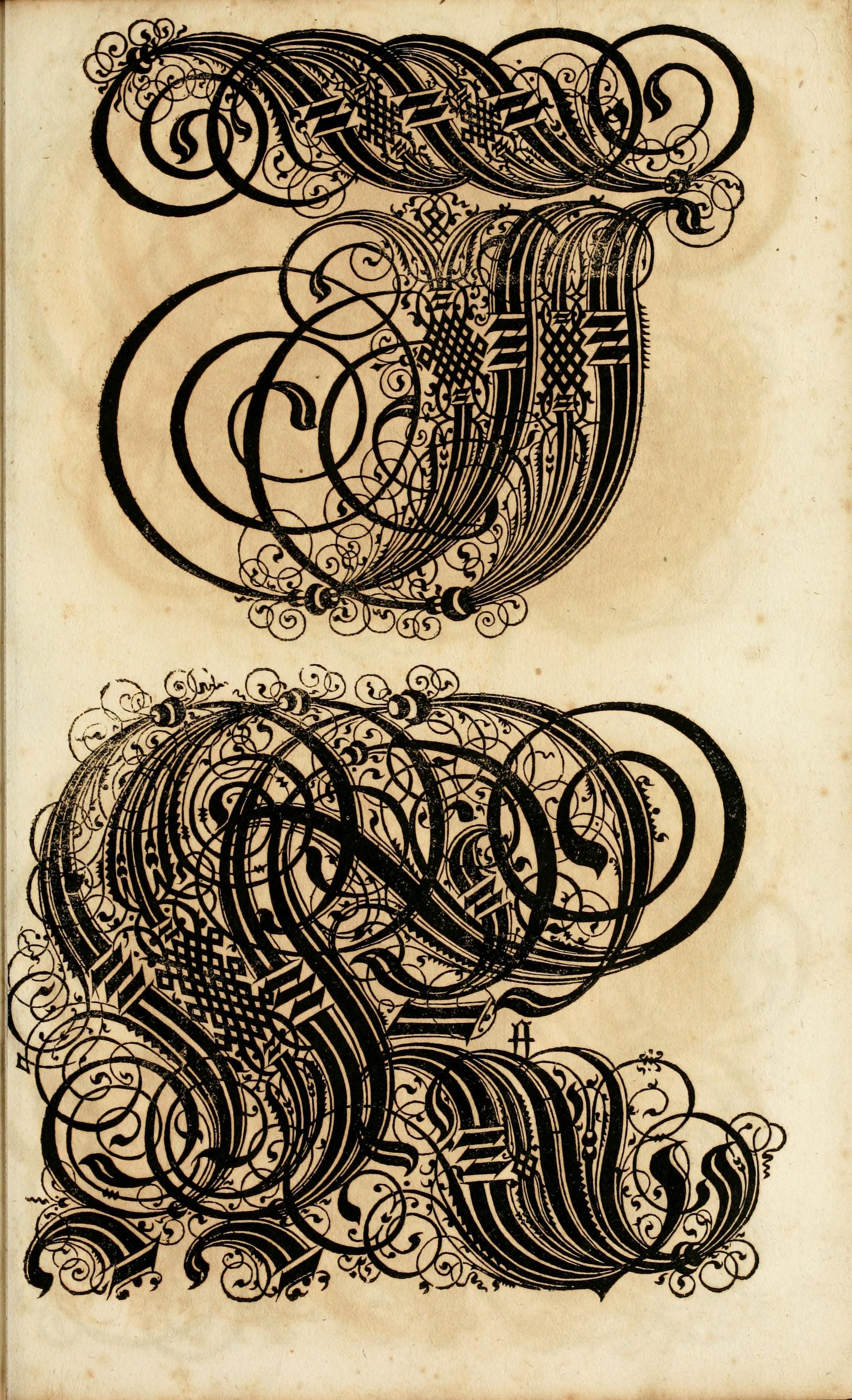 Two ornate, calligraphic letters 'S' in black ink against an aged paper background.