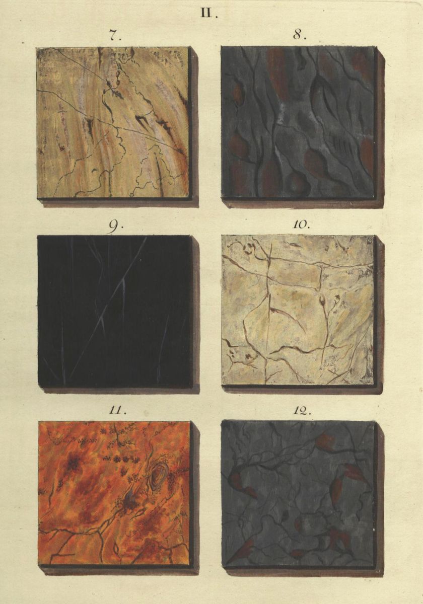 A plate from a scientific or artistic publication, showcasing six square samples of what appears to be marble or similar stone.