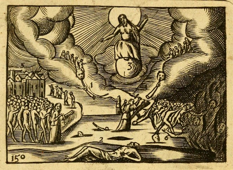 A black and white woodcut illustration depicting an angel in the sky above a chaotic scene with people and buildings.