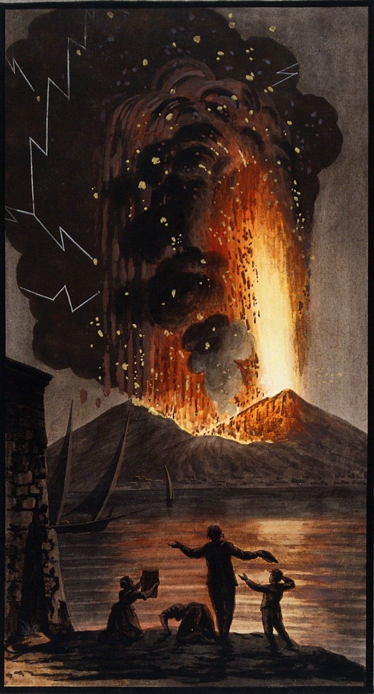 A dramatic depiction of a volcanic eruption with silhouetted figures in the foreground.