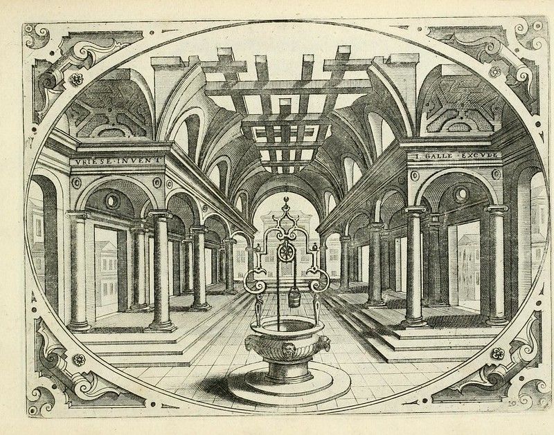 A detailed black and white engraving of an elaborate interior space with a central fountain, classical columns, arched ceilings, and an ornate frame.