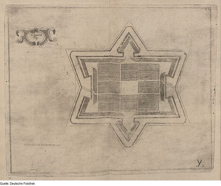 Vintage sepia-toned drawing of a star-shaped fort with a grid pattern inside, featuring a decorative ornament and the letter 'Y'.