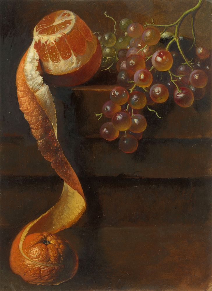Still life painting of a partially peeled orange and a bunch of grapes.