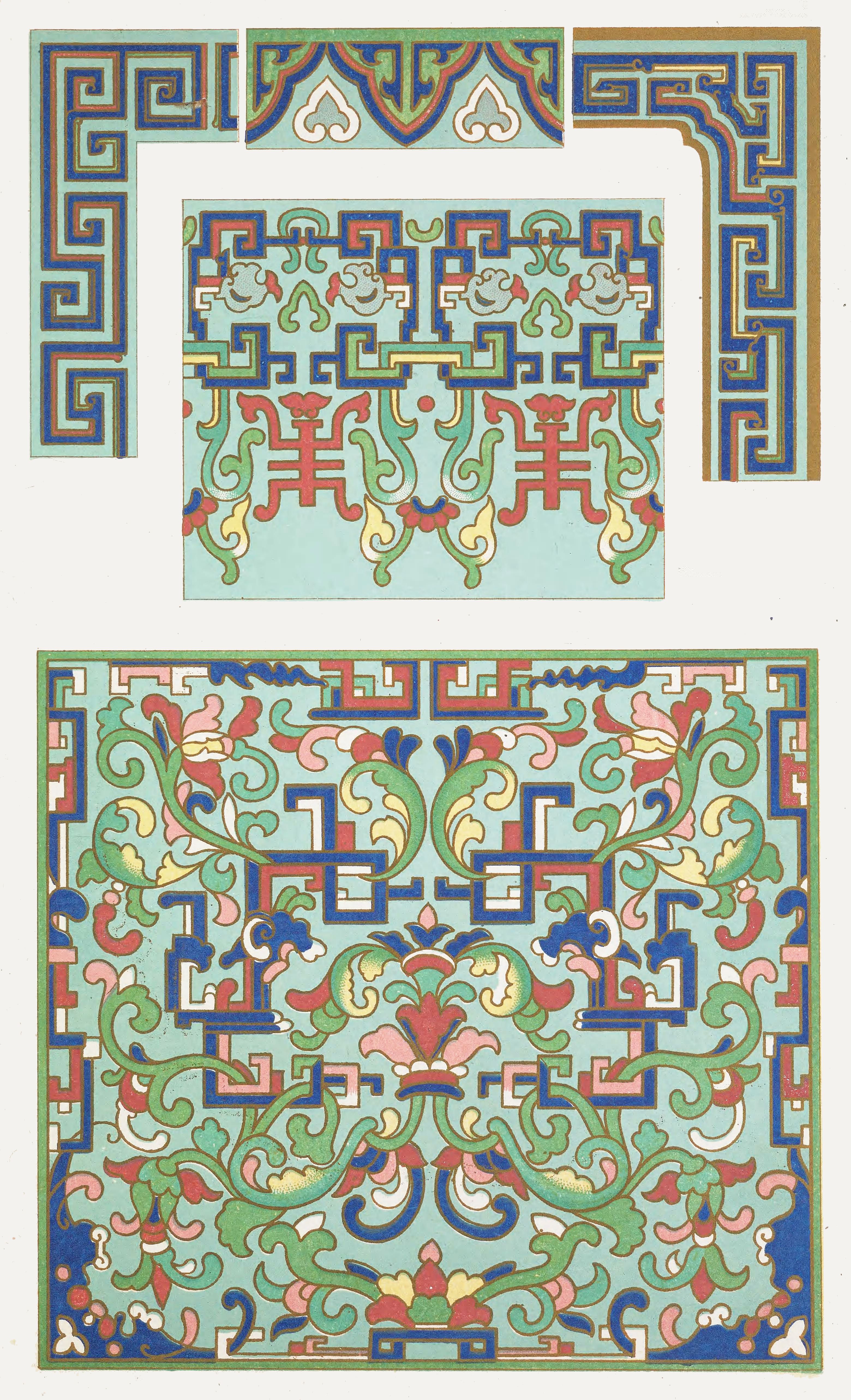 Two decorative patterns with geometric and floral motifs in shades of turquoise, red, green, and brown.