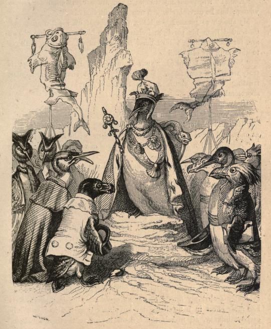 Vintage illustration of regal penguins in a mountainous landscape.