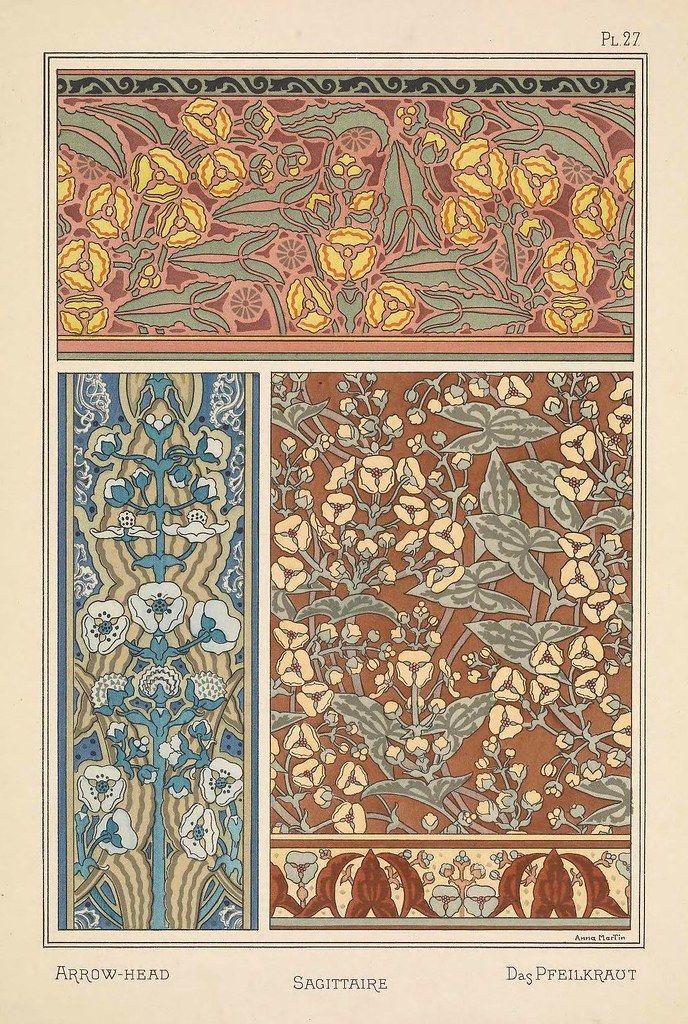 A plate from a book showcasing three textile designs: a repeating floral pattern, a vertical floral band, and a dense floral pattern. The designs are labeled "ARROW-HEAD", "SAGITTAIRE", and "Das PFEILKRAUT".