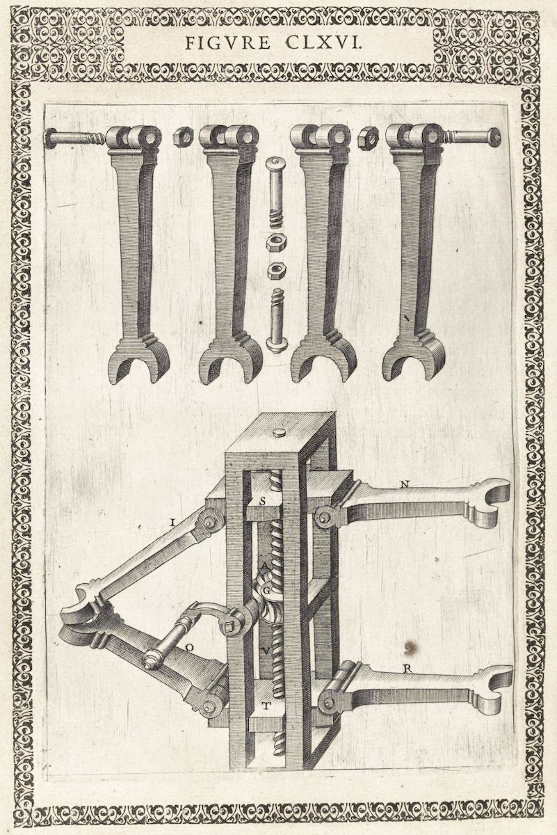 Vintage black and white engraving of a complex mechanical device with wrenches and a square frame housing levers and rods.