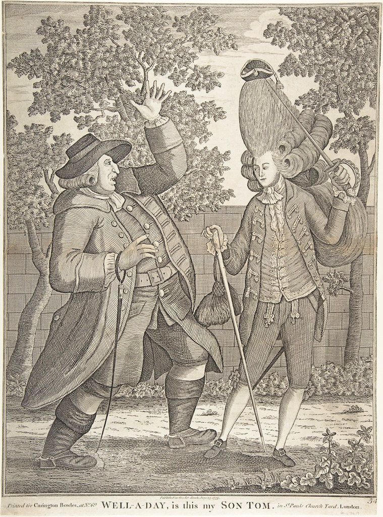 A black and white engraving titled "WELL-A DAY, is this my SON TOM." depicting two men in a park-like setting. The older man is raising his arm in surprise, while the younger man is looking at him with a questioning expression.