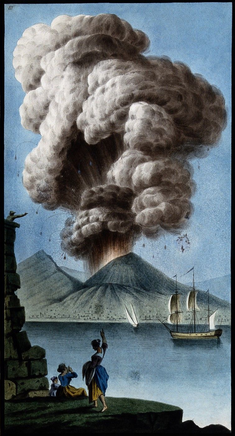 Vintage illustration of a volcanic eruption with a large smoke cloud, ships on the water, and people observing the event.