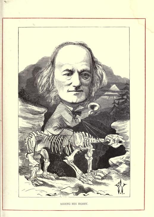 A black and white illustration of a man riding a skeletal horse in a hilly landscape. The caption reads 'RIDING HIS HOBBY'.