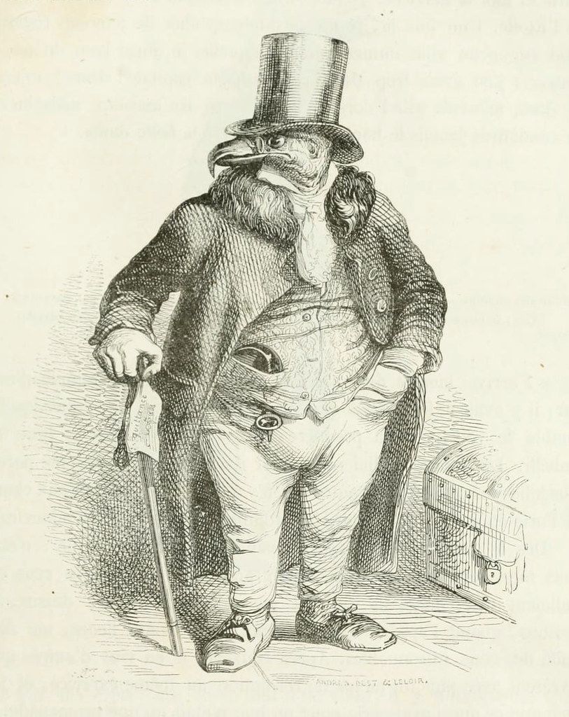 A black and white illustration of a man with exaggerated features, wearing a top hat, coat, pants, and shoes, holding a cane and a piece of paper, with a chest and lock behind him.