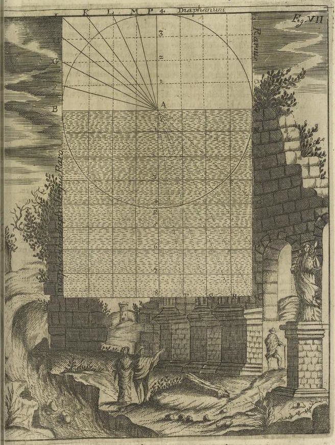 A detailed engraving of a diagram within a ruined architectural setting, featuring a grid, radiating lines, and two figures discussing the diagram.