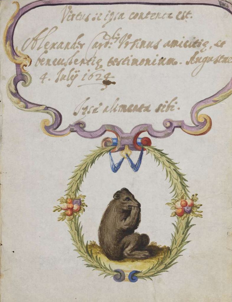 A vintage illustration of a beaver within an ornate wreath, with decorative text and the date '4. July 1628'.