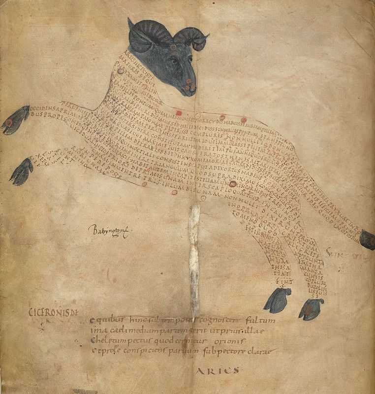 A page from a medieval manuscript with an illustration of a ram filled with text.
