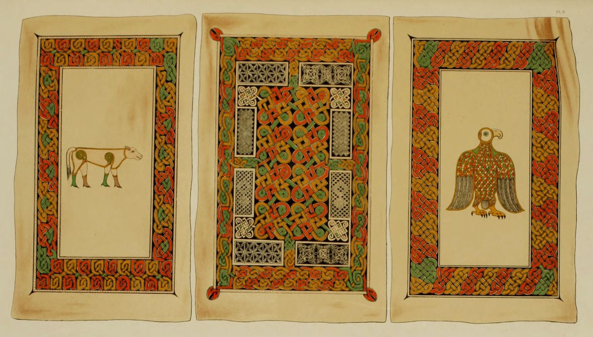 Three pages of illuminated manuscript art with animal and geometric designs.