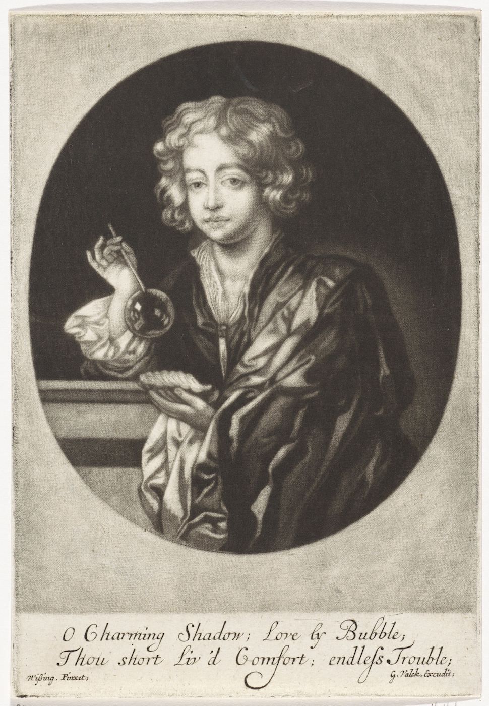 Black and white engraving of a young person holding a butterfly, framed within an oval. Text below reads: 'O Charming Shadow; Love by Bubble; Thou short Liv'd Comfort; endless Trouble;'
