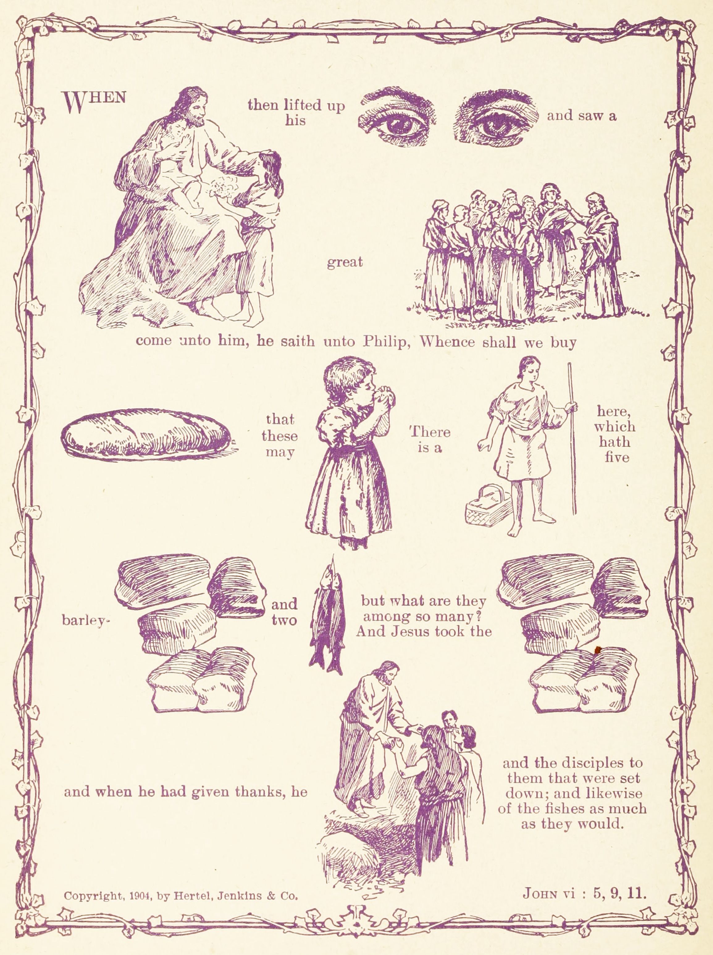 Vintage illustration of the feeding of the five thousand, with small vignettes depicting bread, fish, and people gathered around Jesus.