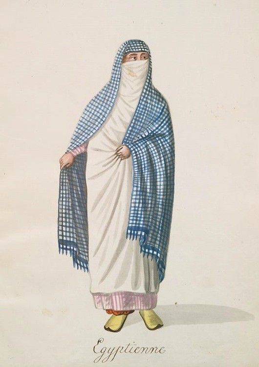 Watercolor painting of an Egyptian woman in traditional attire, fully veiled in a blue and white checkered shawl, wearing a white dress and yellow shoes. The word 'Egyptienne' is written below the image.