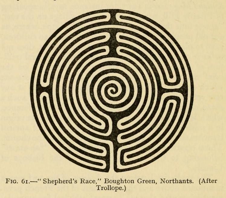 Black and white illustration of a classical maze or labyrinth, known as a 'Shepherd's Race' from Boughton Green, Northants.