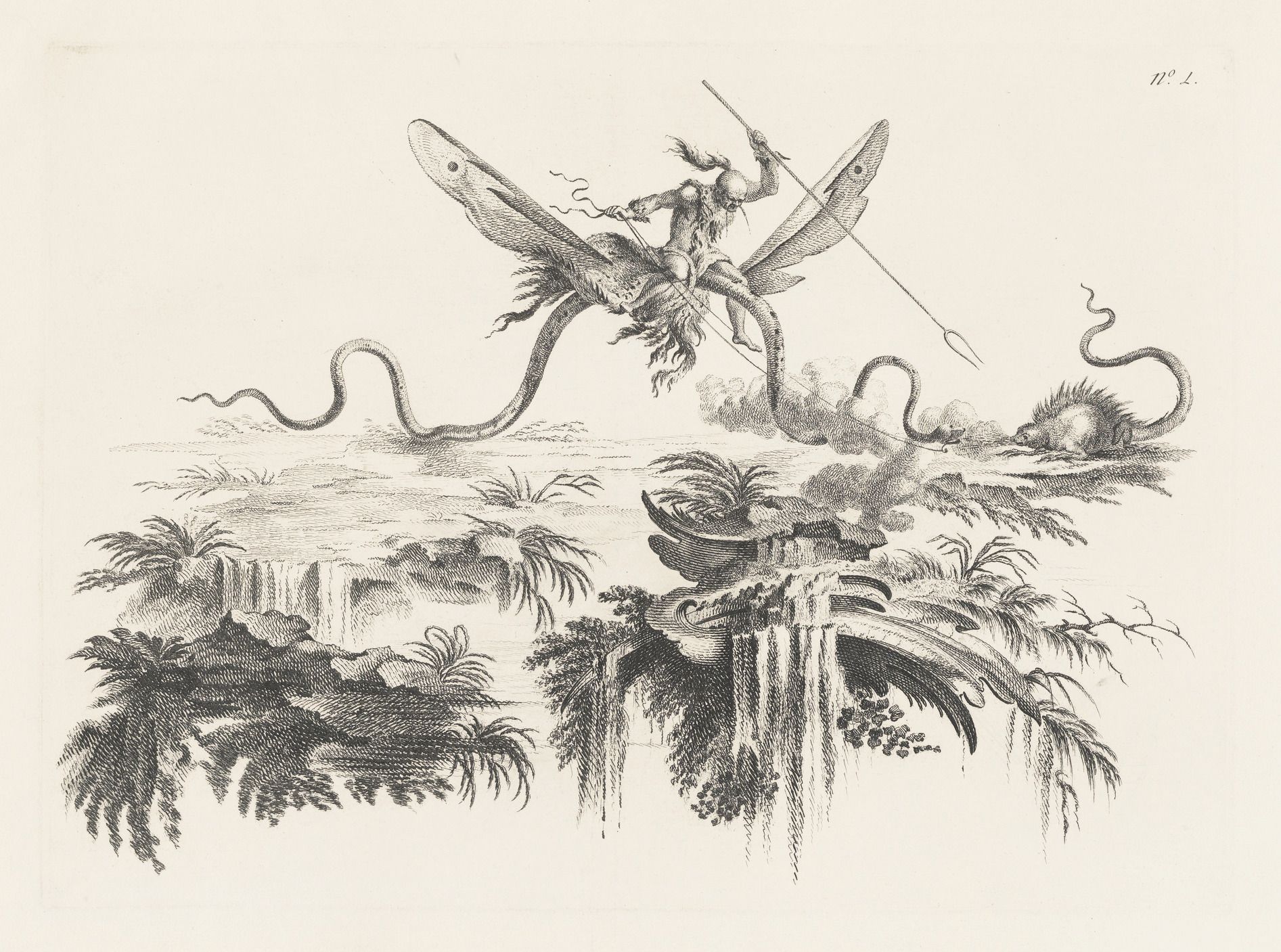 Vintage engraving of a Native American riding a winged fish-like creature over a tropical landscape with a waterfall.