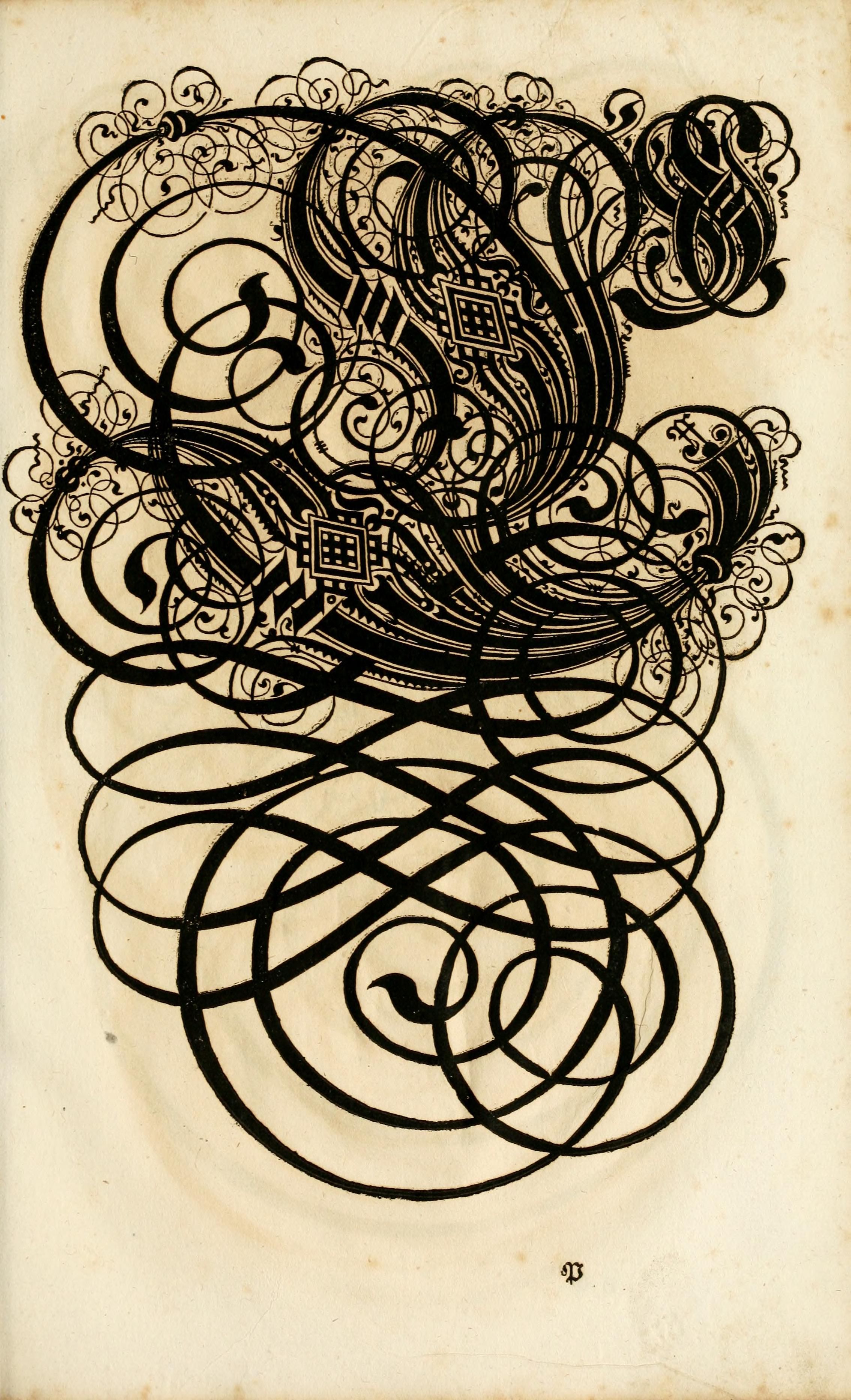 A detailed black and white design of a stylized letter 'B' with intricate swirling lines and decorative elements, resembling illuminated manuscript calligraphy.