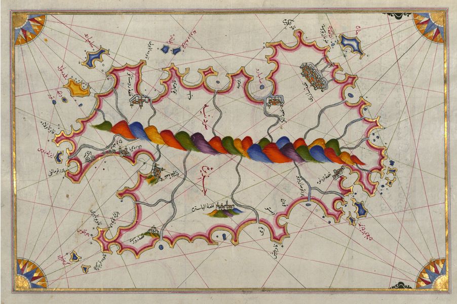 Antique map with a pink coastline, islands, cities, mountains, and a winding river.