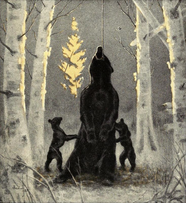 Vintage illustration of a mother bear and two cubs in a birch forest.