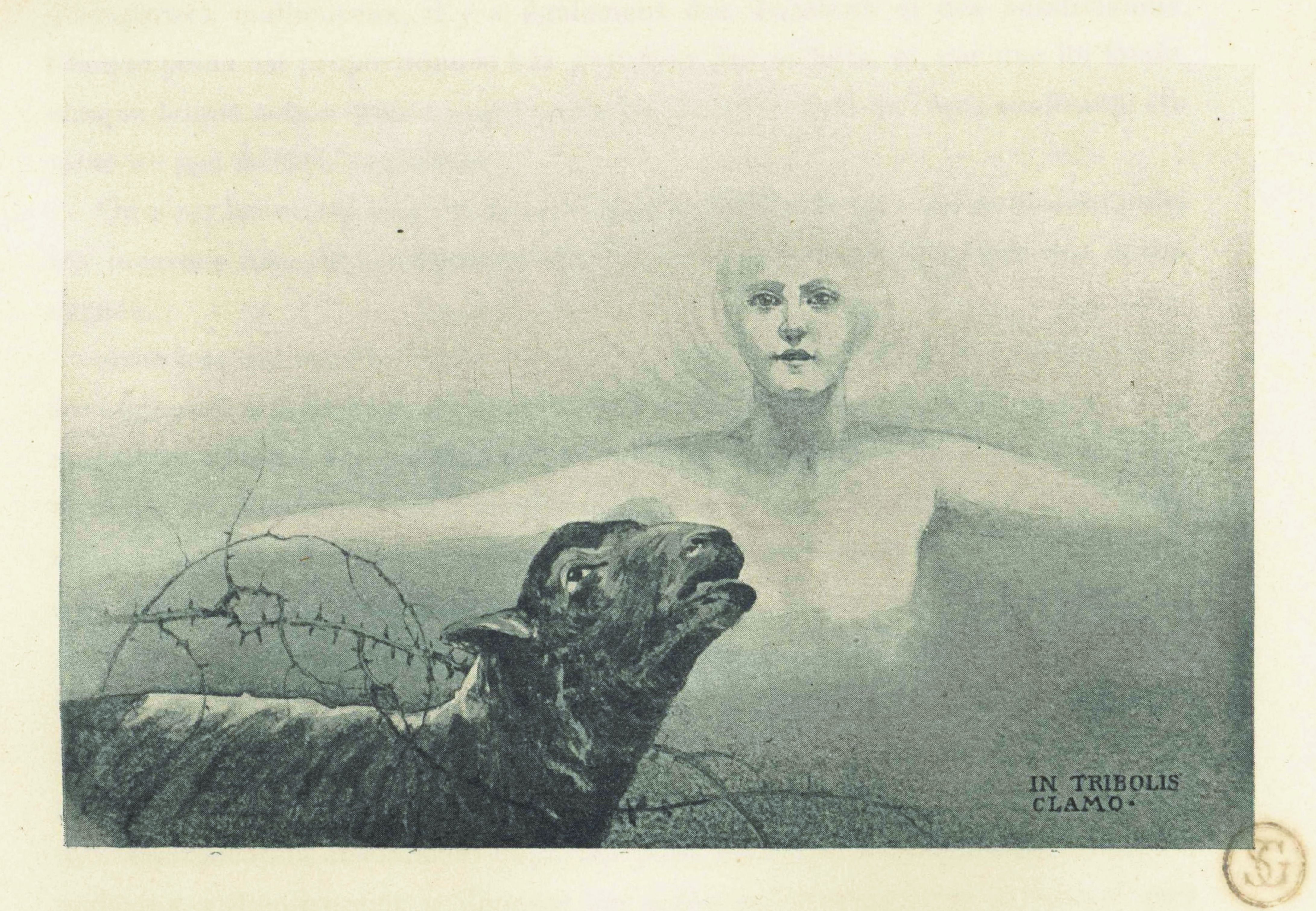 A monochromatic illustration depicting a sheep looking up at a ghostly figure with a crown of thorns, evoking themes of sacrifice and suffering.