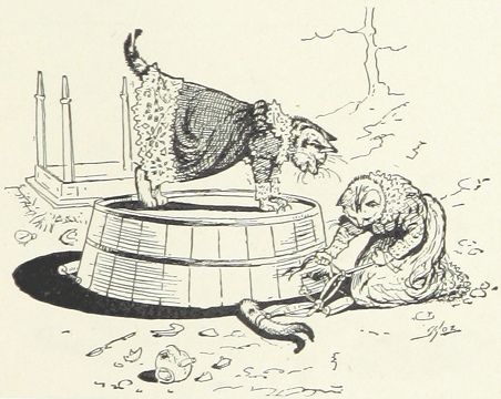 A black and white illustration of a cat in a dress standing on a barrel while a person prepares a bird at the base.
