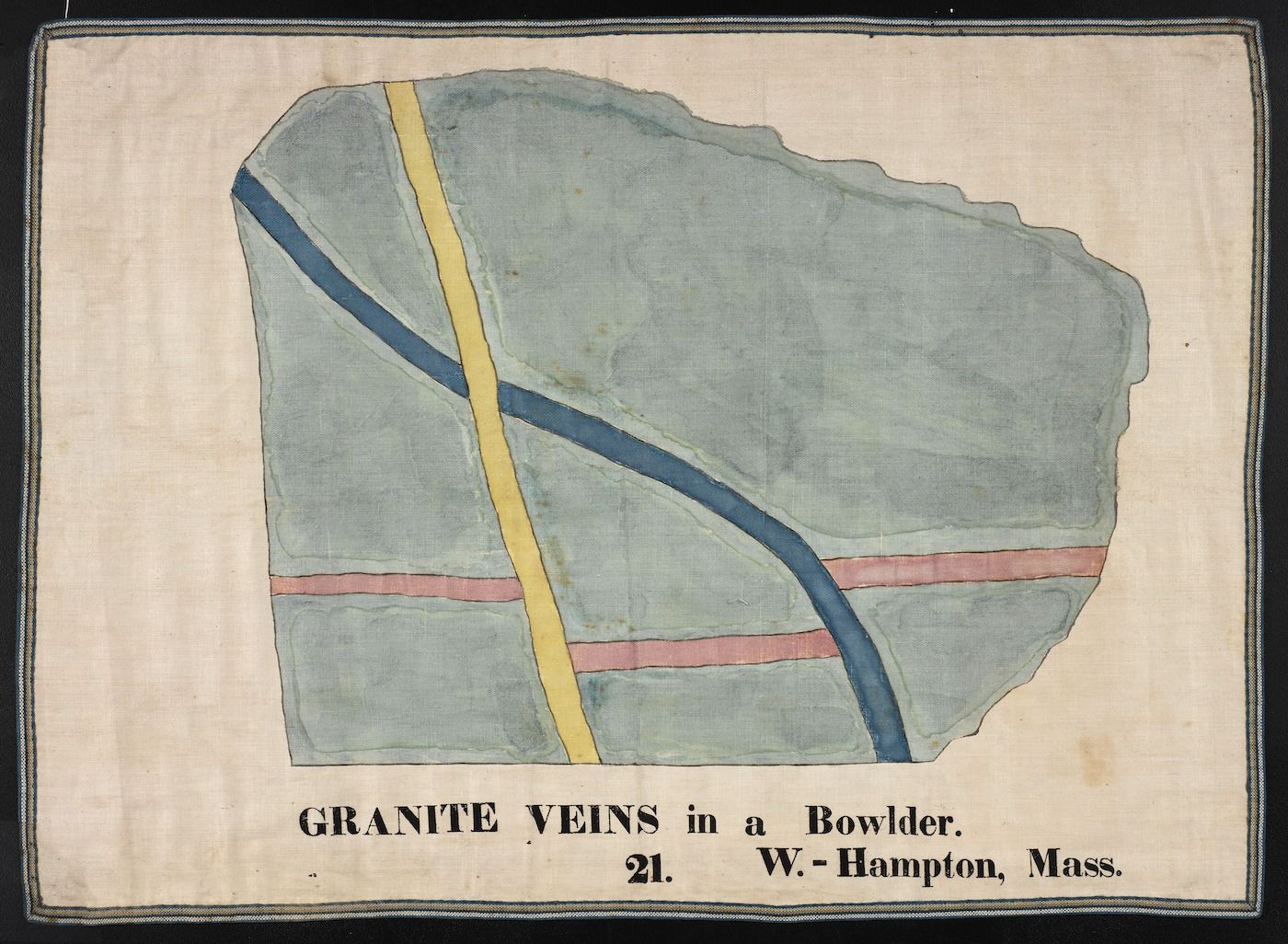 Watercolor painting of a granite boulder with colorful veins.