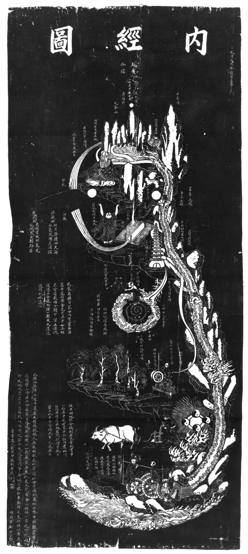 A black and white woodblock print depicting a large dragon coiling around a circular area containing a pagoda and figures, with a landscape and waves below. The background is entirely black, and the image is filled with intricate linework and East Asian text.