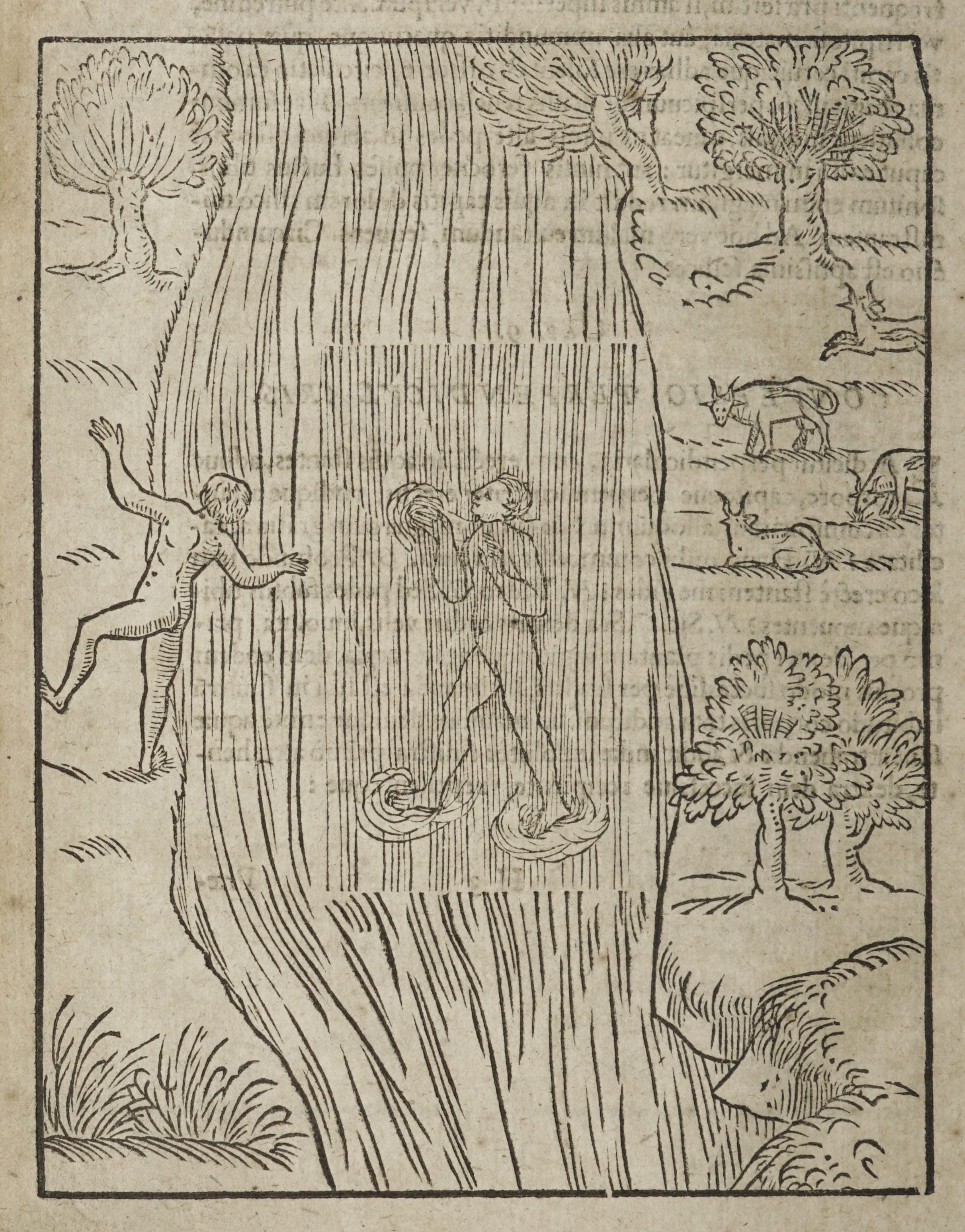 A black and white woodcut illustration depicting a skeletal figure engulfed in flames, with a nude man reaching towards it. The scene is set in a stylized landscape with trees and animals.