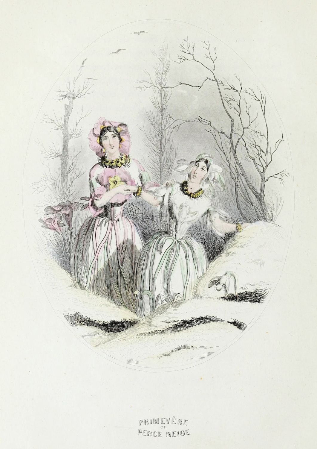 A vintage lithograph depicting two women in a snowy winter landscape. The woman on the left is standing and facing forward, wearing a long, fitted dress with a cinched waist and full skirt. She has a delicate shawl draped over her shoulders and a large, elaborate hat adorned with flowers and ribbons. Her hair is styled in curls. She is holding a small bouquet of flowers in her hand. The woman on the right is seated on a snow-covered log. She is wearing a similar style of dress, but with a fur-trimmed coat or wrap. She also has a hat, though it appears smaller and less ornate than the one worn by the other woman. She is looking down at something in her hands. The background is a dense forest of bare trees, with snow covering the ground.