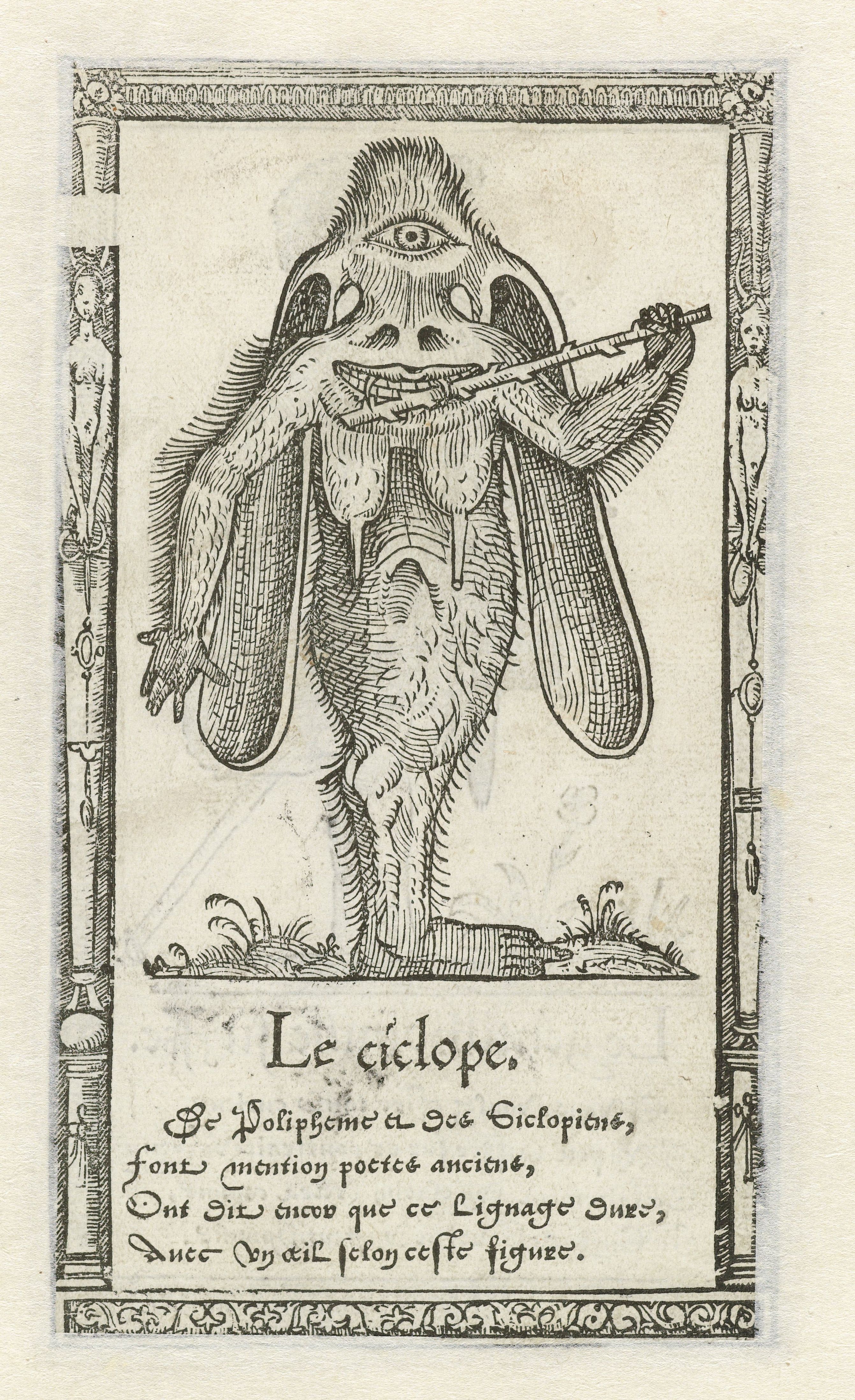 A black and white engraving of a cyclops playing a pipe, framed by an ornate border with text below.