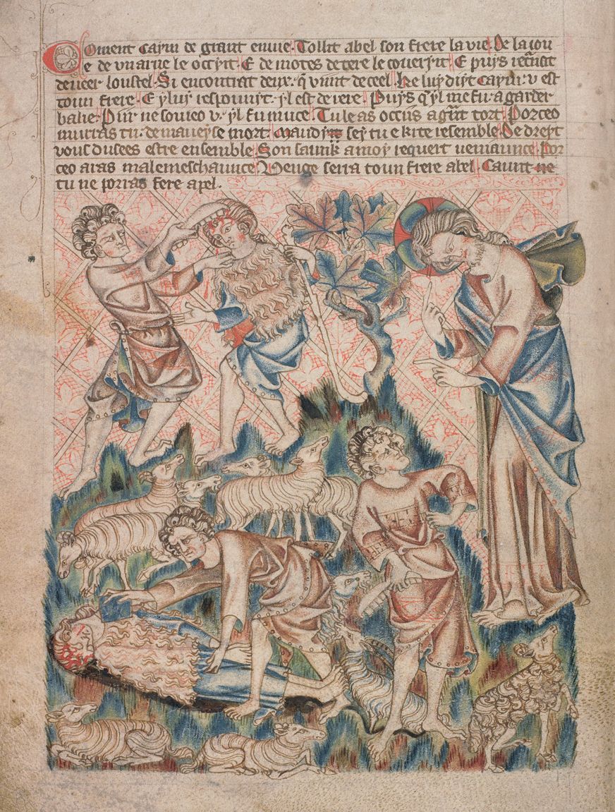 A detailed medieval manuscript illustration depicting a battle scene with riders on horseback and foot soldiers engaged in combat in a lush landscape.