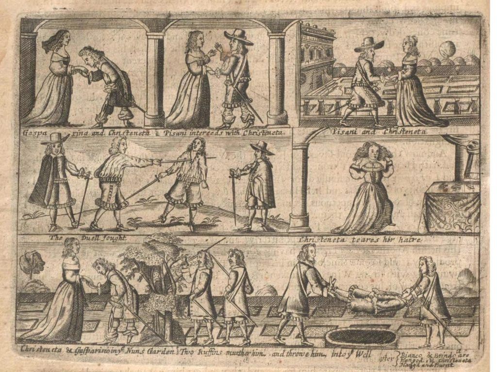 A black and white woodcut or engraving depicting a series of scenes arranged in a grid-like pattern. The image appears to be a narrative illustration, possibly from a ballad or story.