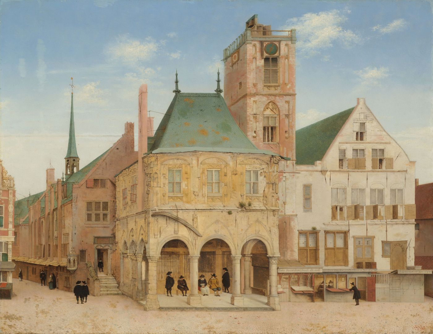 A painting of a historical town hall building with people on the street in front of it.