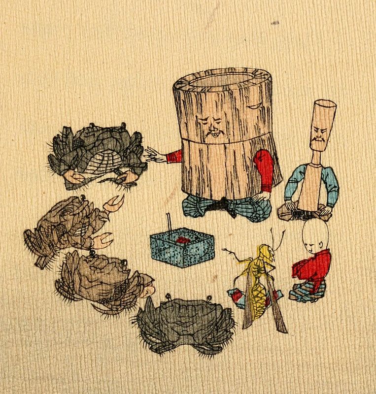 A vintage-style illustration of a barrel-shaped figure surrounded by crabs, insects, and toy-like figures in a circular arrangement.