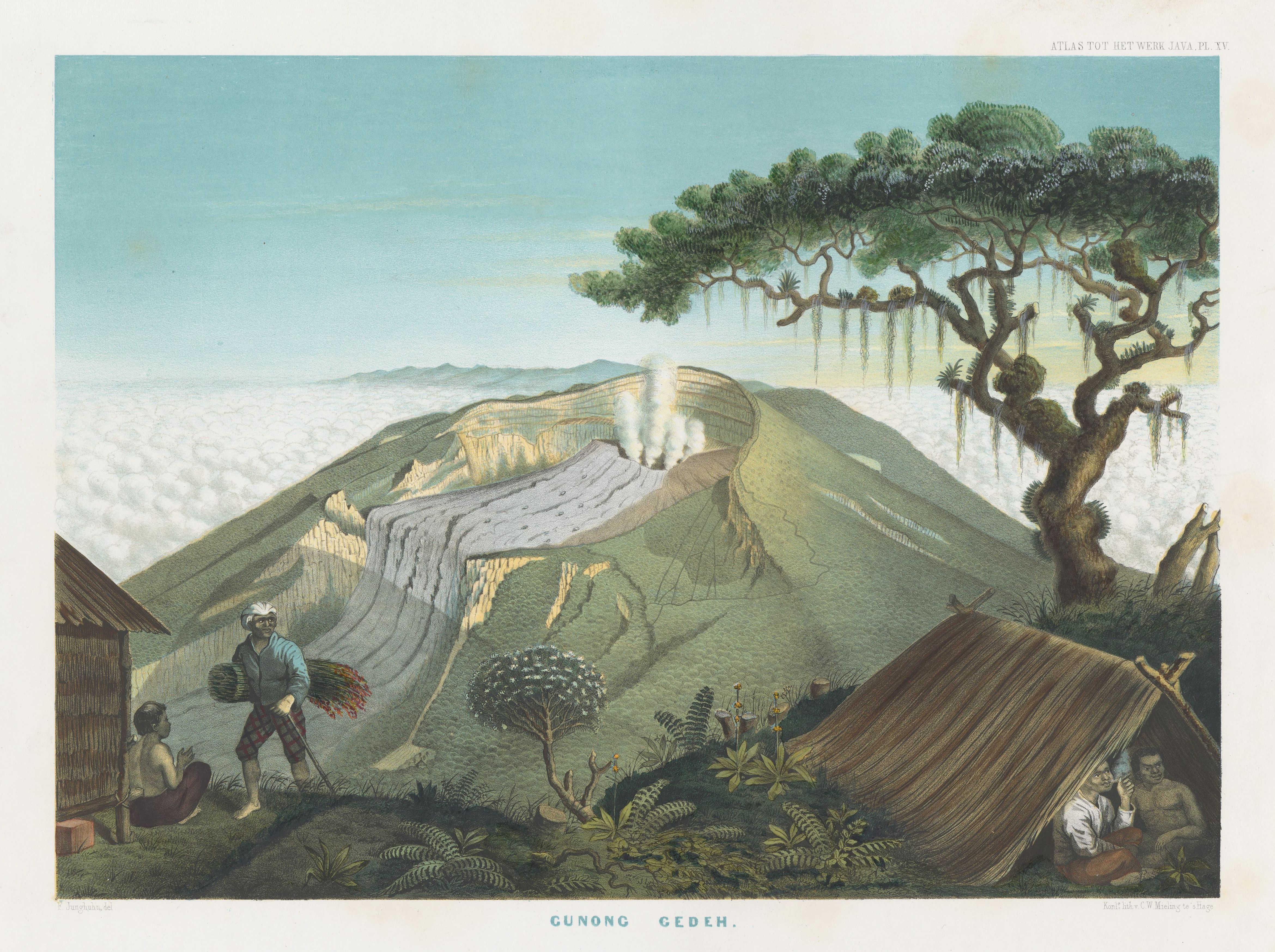 Vintage lithograph of Gunung Gedeh, a volcanic mountain in Java, with a settlement in the foreground and smoke rising from the peak.