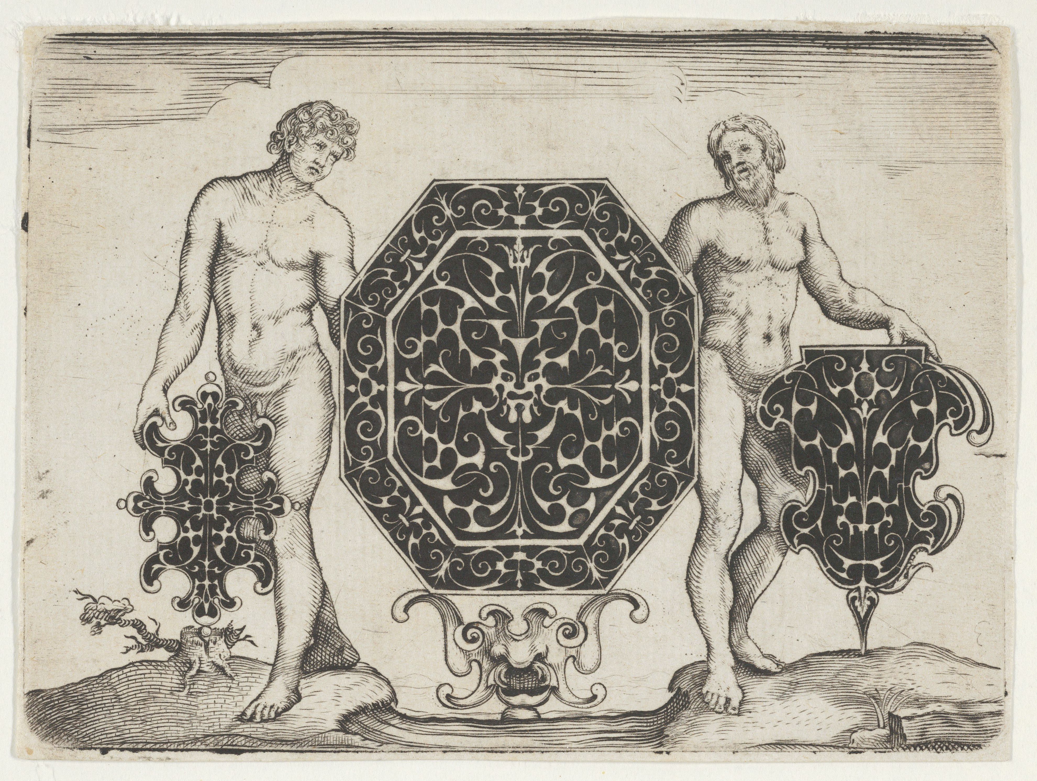 Black and white engraving of two nude male figures flanking a central ornamental shield.