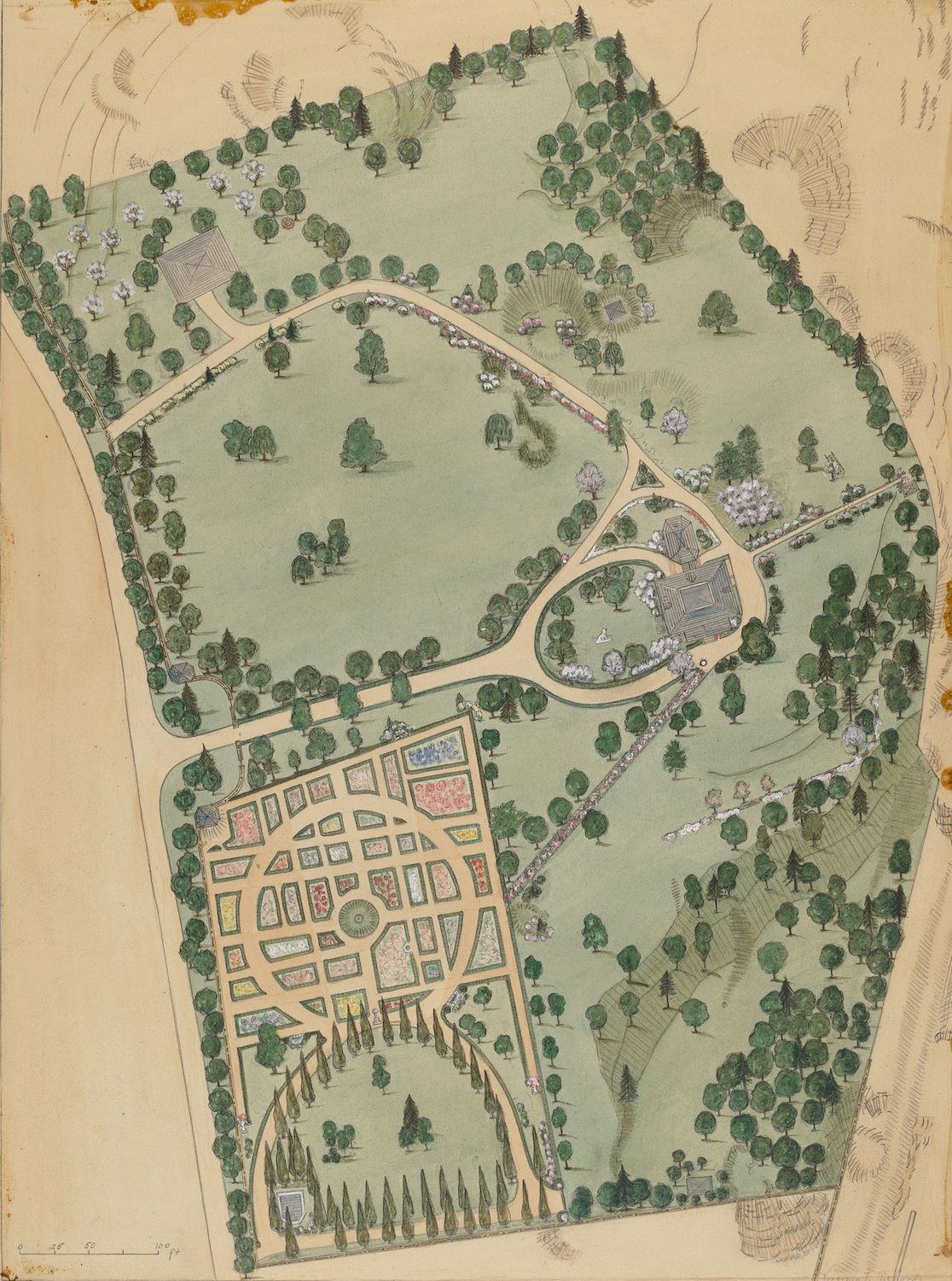 Vintage map of a formal garden with a structured layout of flowerbeds, trees, and a building.