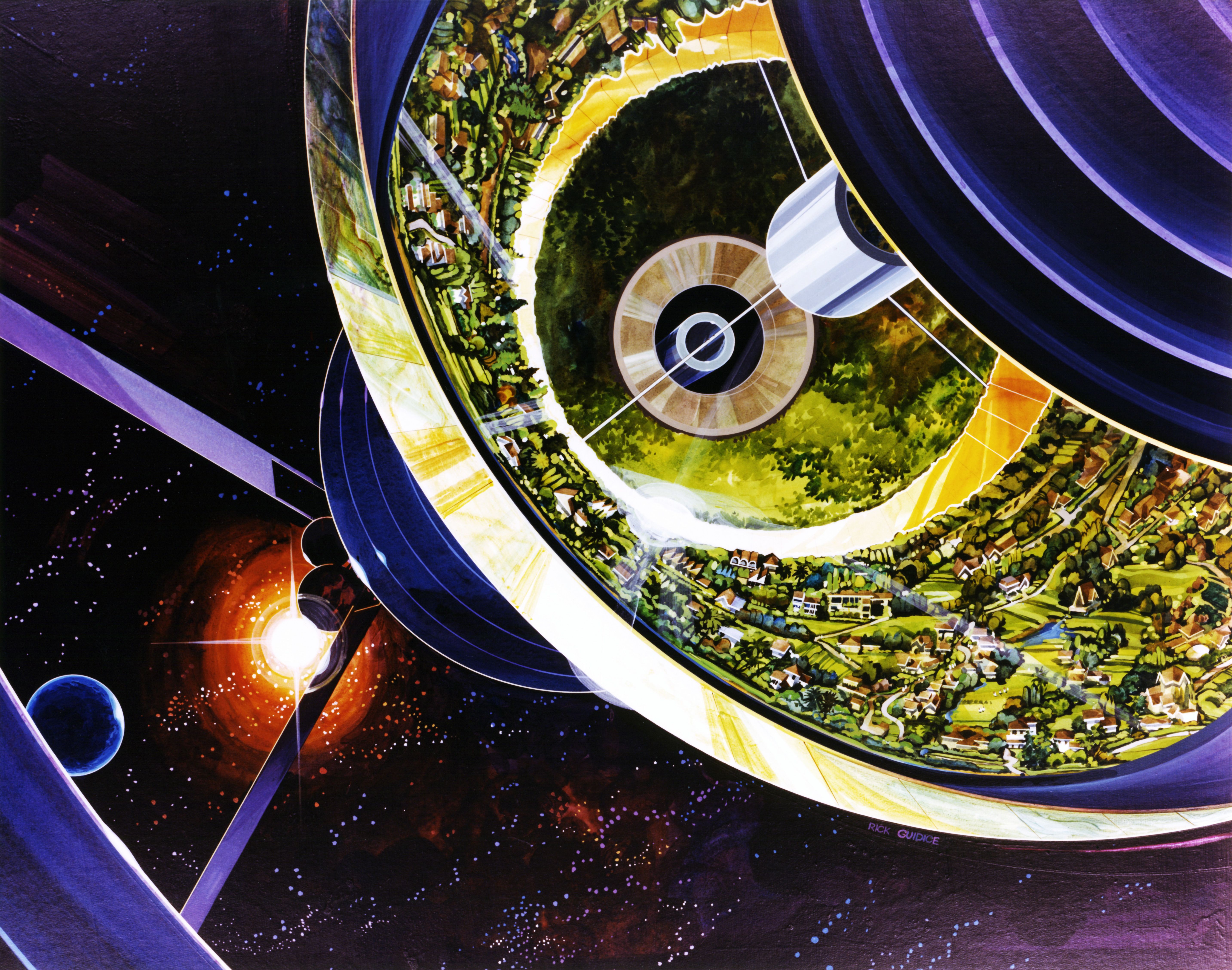 A futuristic space habitat with a ring-shaped structure containing a city and landscape, set against a backdrop of stars and a nebula.