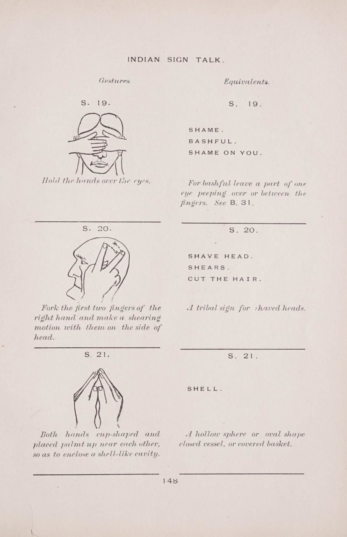 A page from a manual titled "Indian Sign Talk". It features three sets of diagrams illustrating hand gestures and their corresponding meanings.