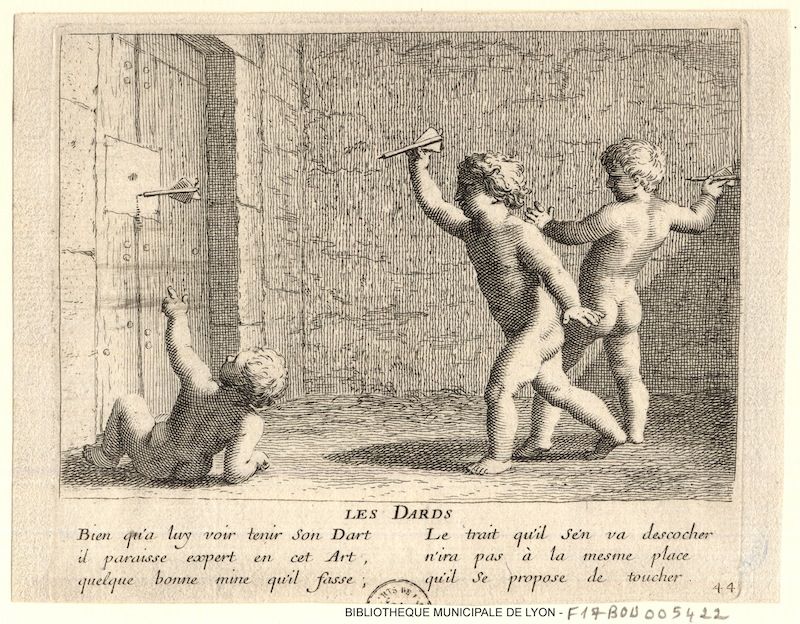 A black and white engraving depicting two cherubs throwing darts at a wall, while a third cherub tumbles on the floor.